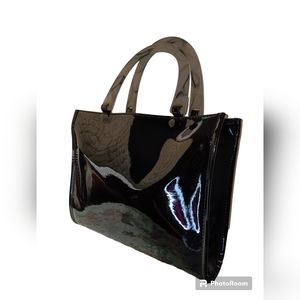 EUC Neiman Marcus Black Patent Tote Handbag W/ Grey tortoise Handles